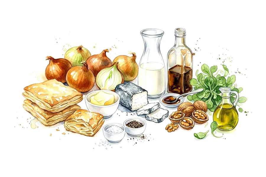 Les ingrédients de Tarte fine croustillante aux oignons doux, chèvre, noix et caramel balsamique, à l'aquarelle
