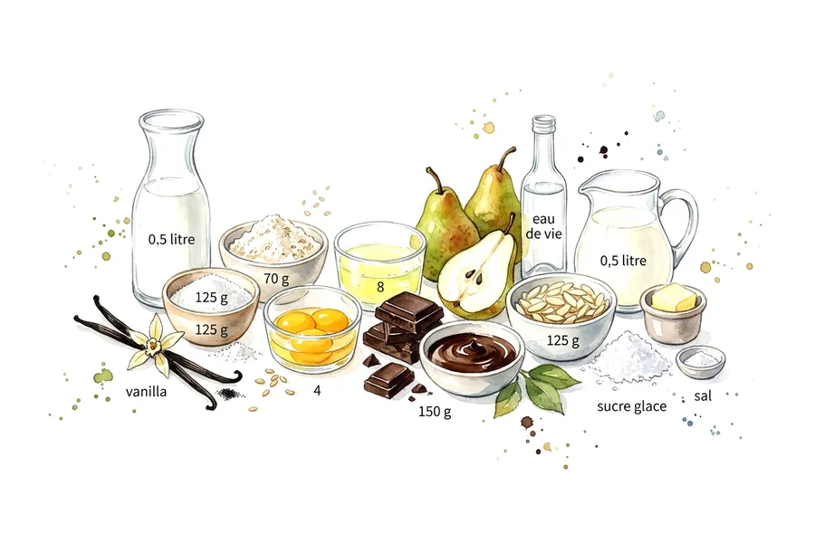 Les ingrédients de Soufflé au chocolat corsé, éclats de nougatine et espuma à la poire, à l'aquarelle