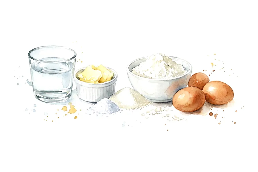 Les ingrédients de Pâte à choux, à l'aquarelle