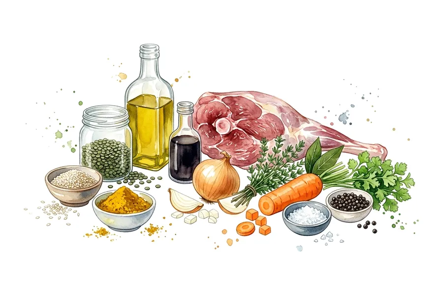 Les ingrédients de Fines tranches d'agneau marinées, vinaigrette de lentilles vertes du Puys, à l'aquarelle