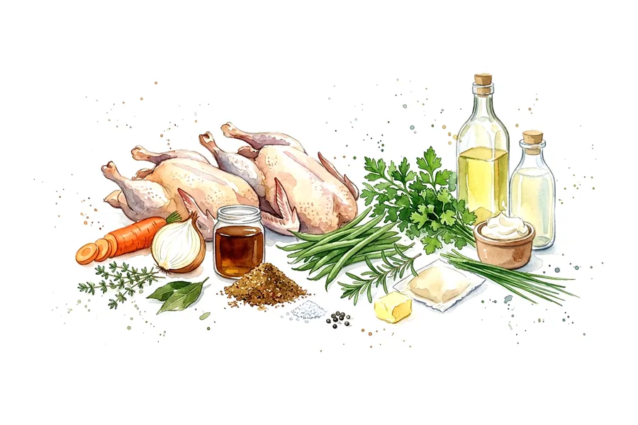 Les ingrédients de Canard croisé aux épices douces, ravioles croustillantes aux herbes et haricots verts à la sarriette, à l'aquarelle