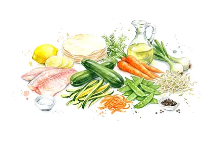 Ballotine de daurade en vapeur de citron, rouleaux croustillant de petits légumes