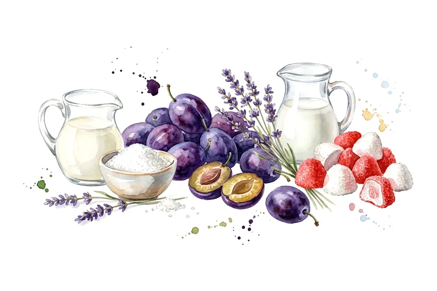 Les ingrédients de Prunes caramélisées à la lavande, espuma fraise Tagada, à l'aquarelle