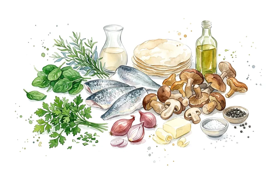 Les ingrédients de Filet de daurade royale, jus d'estragon et nem de champignon des bois, à l'aquarelle