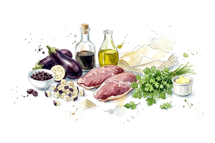 Les ingrédients de Magret de canard caramélisé, pastilla d'aubergines aux olives et herbes fraiches, à l'aquarelle