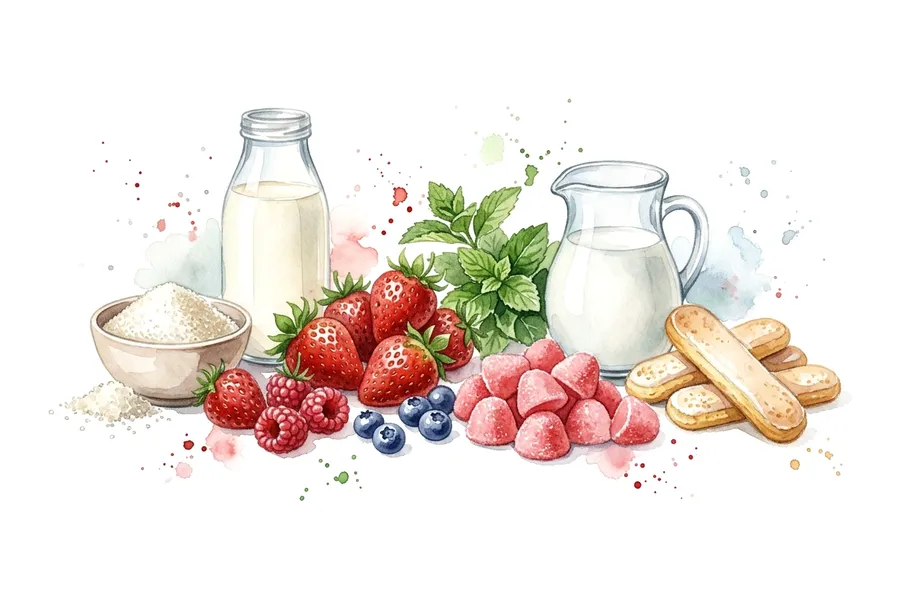The ingredients of Fruits rouges caramélisés à la menthe, espuma de fraise Tagada, in watercolour