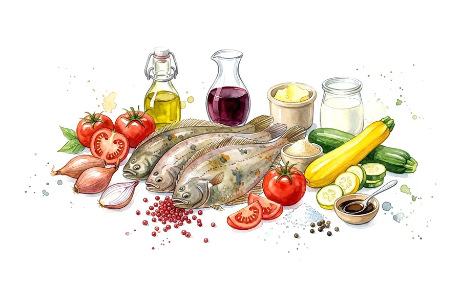 Les ingrédients de Filet de sole meunière à la crème de baies roses, brochette tian de légumes d'été, chutney d'échalotes confites, à l'aquarelle