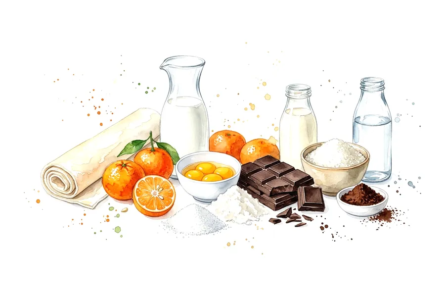 Les ingrédients de Millefeuille craquant au chocolat corsé et à la mandarine confite, à l'aquarelle
