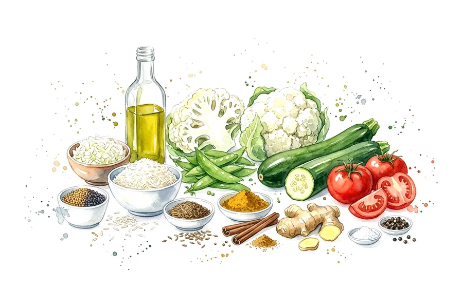 Les ingrédients de Riz pulao aux petits légumes, massala de courgettes, à l'aquarelle
