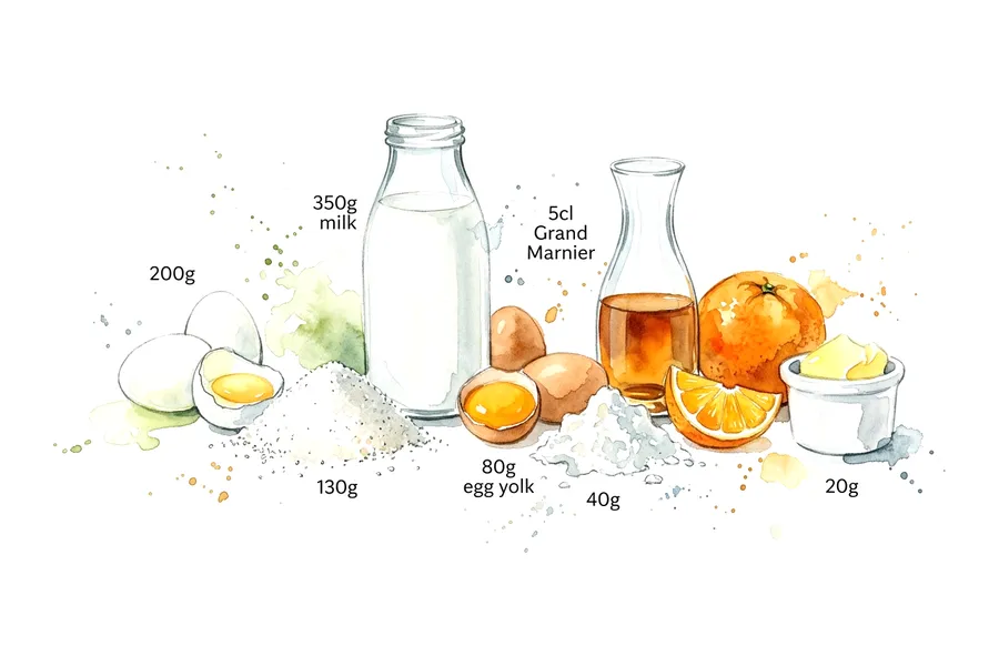 Les ingrédients de Soufflé au Grand Marnier, à l'aquarelle
