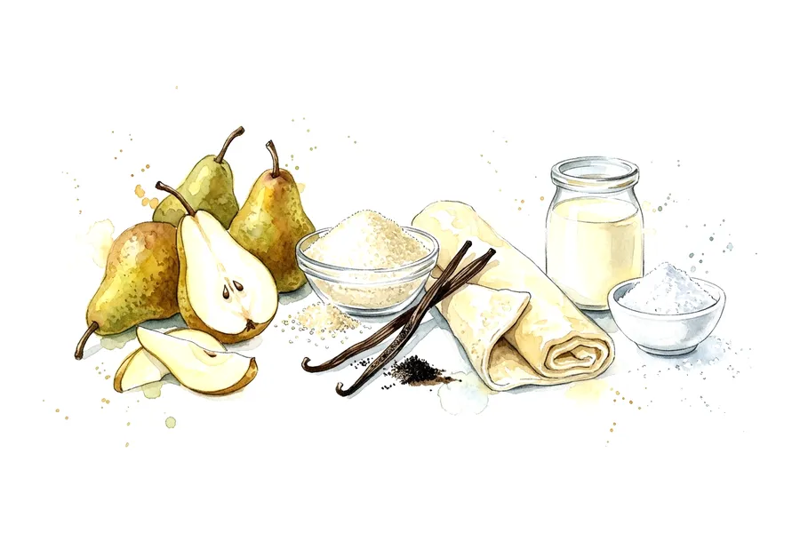 Les ingrédients de Tartelette tatin aux poires conférence et à la vanille, à l'aquarelle