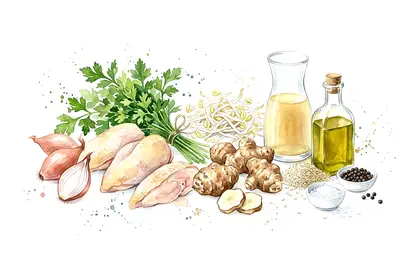 Volaille fermière braisée en cocotte, topinambours et sésame blanc