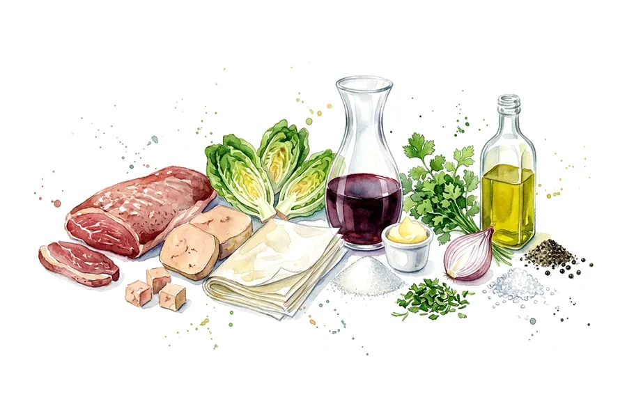 Les ingrédients de Pastilla croustillante de canard au foie gras, sucrine marinée à la réduction de porto, à l'aquarelle