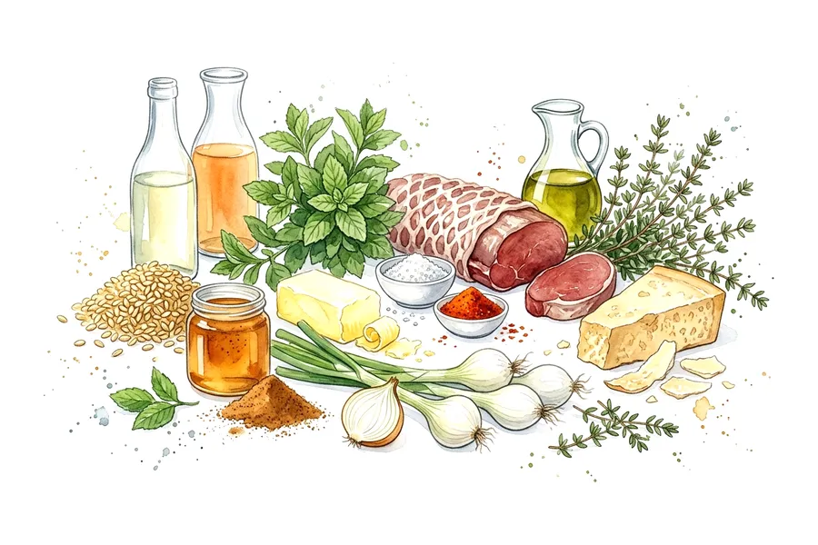 The ingredients of Filet d'agneau aux herbes, blé comme un risotto, tuile croustillante thym/parmesan, in watercolour