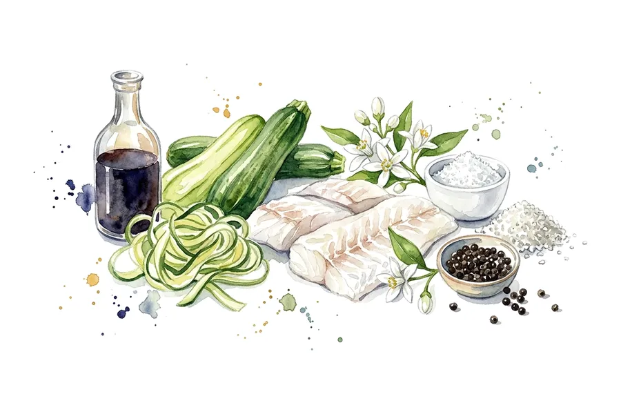 Les ingrédients de Cabillaud en vapeur de fleur d'oranger, tagliatelles de légumes de saison, à l'aquarelle