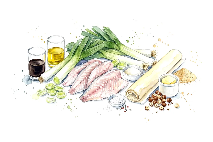 Les ingrédients de Filet de dorade en croute de noisettes, tatin de poireaux caramélisés, à l'aquarelle