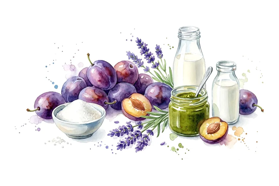 Les ingrédients de Prunes caramélisées à la lavande, espuma à la pistache, à l'aquarelle