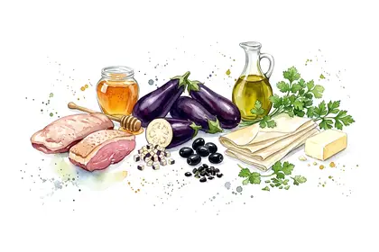 Magret de canard caramélisé, pastilla d'aubergines aux olives et herbes fraiches