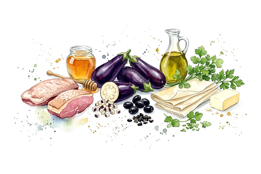Les ingrédients de Magret de canard caramélisé, pastilla d'aubergines aux olives et herbes fraiches, à l'aquarelle