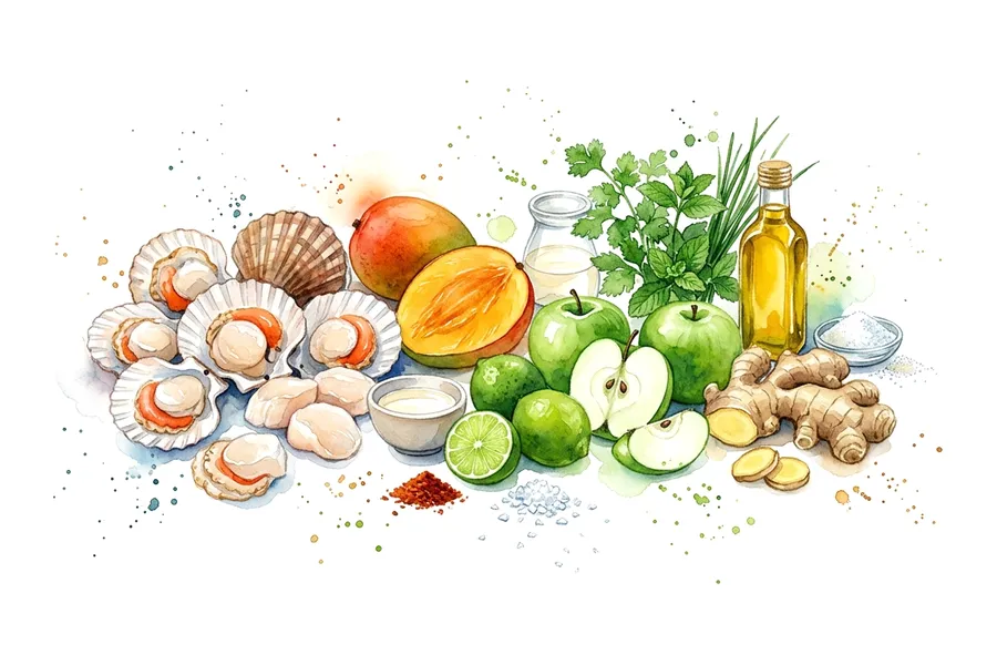Les ingrédients de Carpaccio de Saint-Jacques, mangue, granny smith, à l'aquarelle