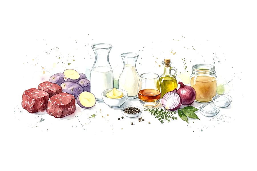 Les ingrédients de Pavé de boeuf flambé au Cognac, émulsion de vitelottes, à l'aquarelle