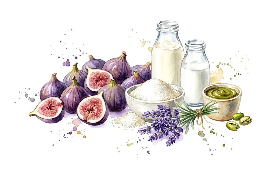 Les ingrédients de Figues caramélisées à la lavande, espuma pistache, à l'aquarelle