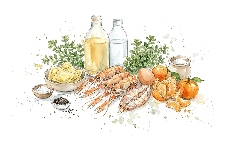 Les ingrédients de Ravioles de langoustine à la marjolaine, bouillon parfumé à la mandarine, à l'aquarelle