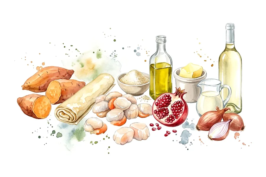 Les ingrédients de Noix de Saint-Jacques poêlées au beurre de grenade, Tatin de patate douce, à l'aquarelle