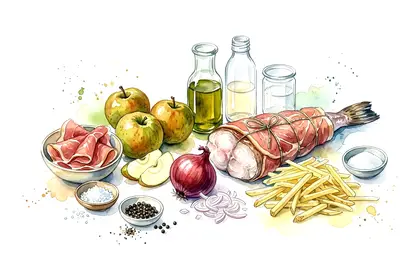 Queue de lotte en robe de jambon de pays, pommes darphin, chutney de pommes reinettes