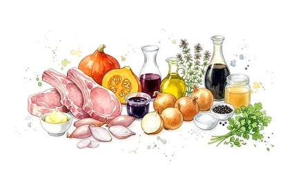 Grosse côte de veau poêlée à la fleur de thym, échalote confite et Boulangère de potimarron