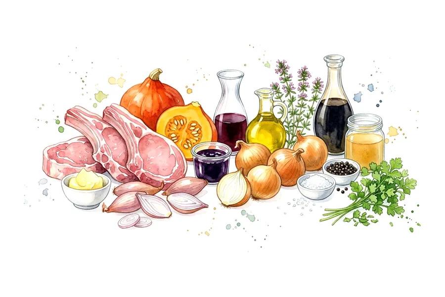 Les ingrédients de Grosse côte de veau poêlée à la fleur de thym, échalote confite et Boulangère de potimarron, à l'aquarelle