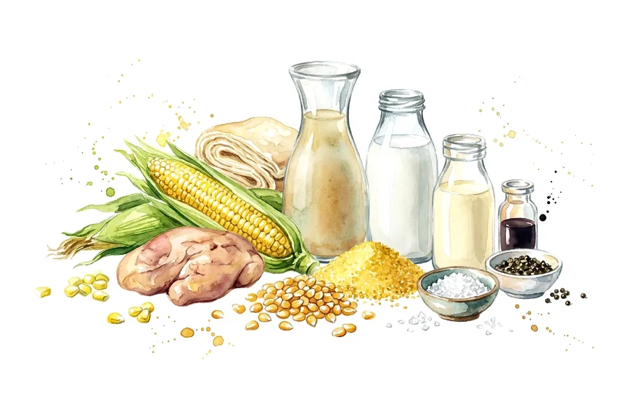Les ingrédients de Maïs en velouté et mouillette croustillante, pop-corn et foie gras poêlé, à l'aquarelle