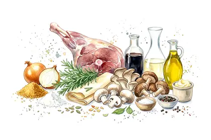 Ballotin d'agneau au romarin, jus réduit au balsamique et croustillant de champignons