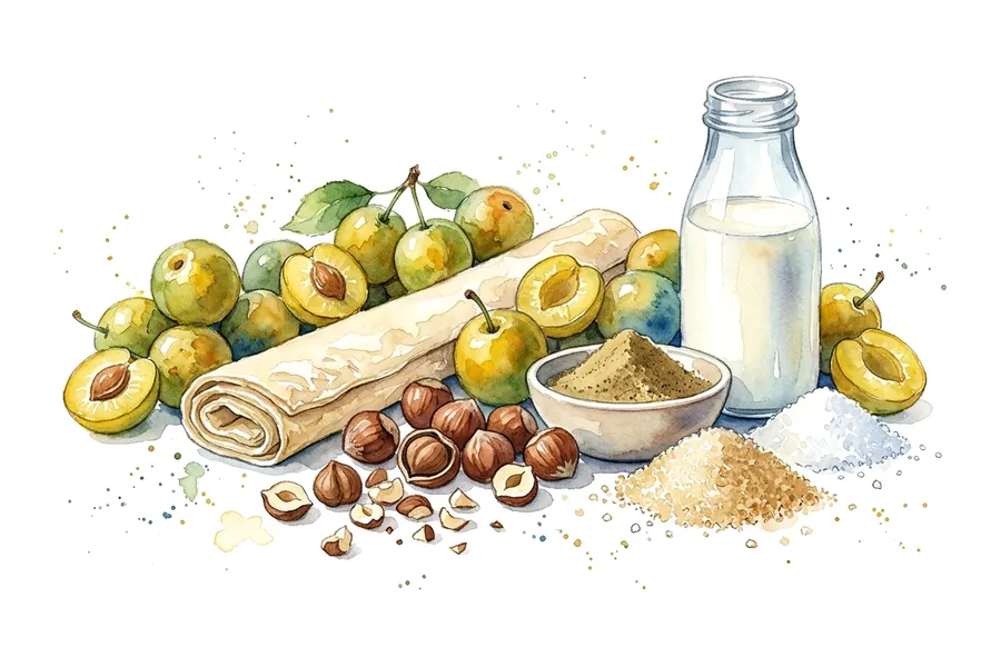 Gli ingredienti di Tatin de mirabelle aux noisettes et crème fouettée à la réglisse, ad acquerello