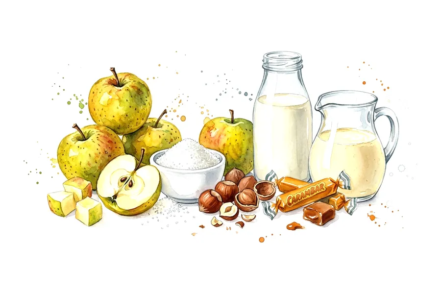 Les ingrédients de Verrines de reinettes caramélisées aux noisettes, espuma Carambar, à l'aquarelle