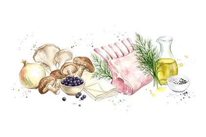 Carré d'agneau rôti aux baies de genièvre, aumônière croustillante aux champignons des bois