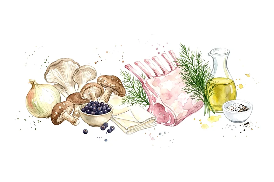 Les ingrédients de Carré d'agneau rôti aux baies de genièvre, aumônière croustillante aux champignons des bois, à l'aquarelle