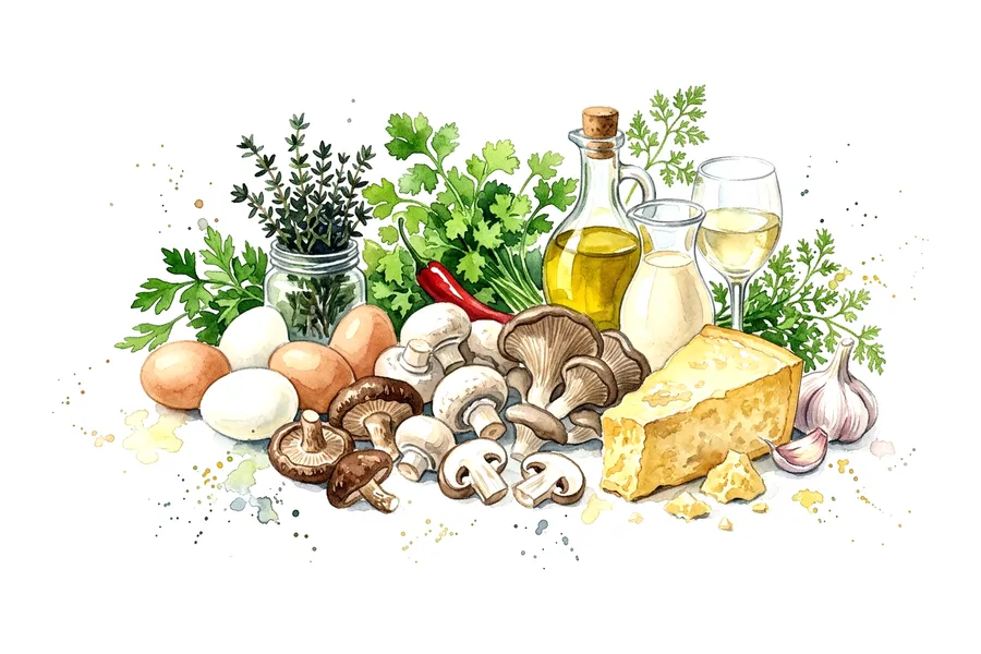 Les ingrédients de Crème de parmesan, champignons sautés, œufs parfaits, à l'aquarelle