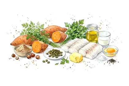 Cabillaud pané aux noisettes et herbes fraiches, mousseline de patates douces et beurre noisette aux câpres