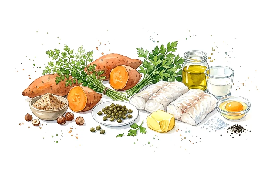 The ingredients of Cabillaud pané aux noisettes et herbes fraiches, mousseline de patates douces et beurre noisette aux câpres, in watercolour