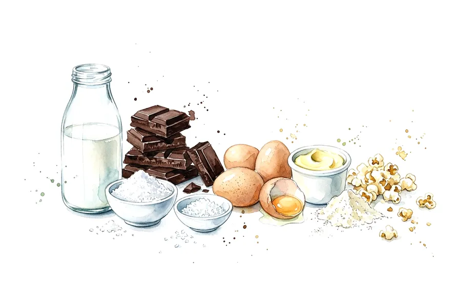 Les ingrédients de Soufflé au chocolat noir 70% et tuile de pop-corn au caramel, à l'aquarelle