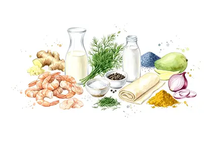 Emulsion de gambas à la noix de coco et à la mangue verte