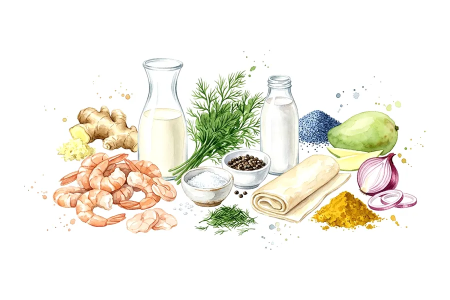Les ingrédients de Emulsion de gambas à la noix de coco et à la mangue verte, à l'aquarelle