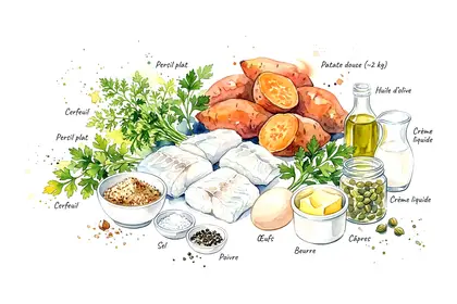 Cabillaud pané aux noisettes et herbes fraiches, mousseline de patates douces et beurre noisette aux câpres