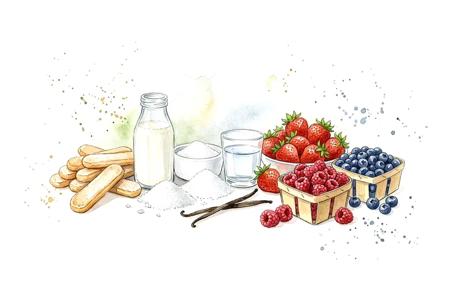 Les ingrédients de Charlotte revisitée aux fruits rouges et chantilly traditionnelle à la vanille, à l'aquarelle