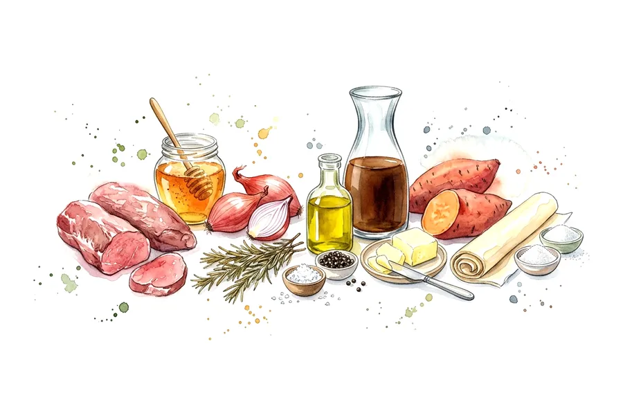 Les ingrédients de Filet mignon, sauce au miel de mille fleurs, tarte tatin de patates douces, à l'aquarelle