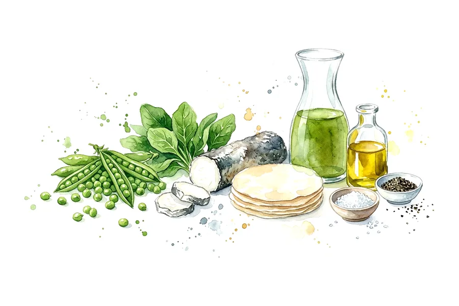 Les ingrédients de Gaspacho de petits pois, samossas croustillants de Sainte-Maure de Touraine, à l'aquarelle