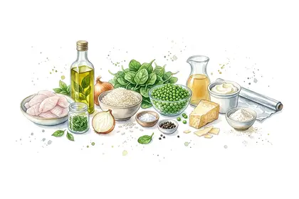 Mille-feuilles de lotte en papillote de basilic et risotto crémeux aux épinards et petits pois