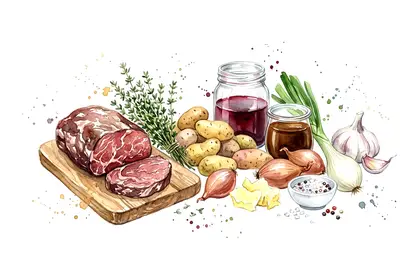 Filet de bœuf maturé, pomme de terre ratte rôtie et cébette, réduction bordelaise
