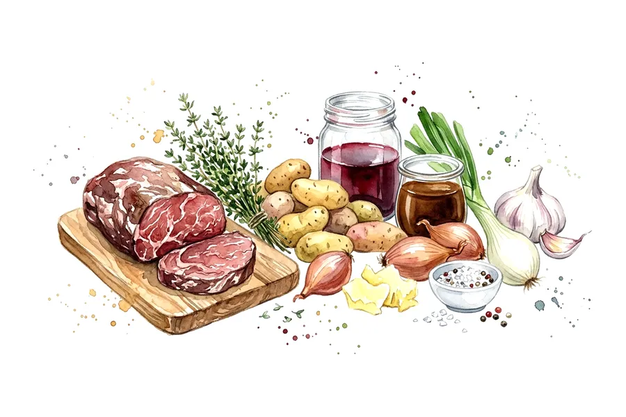 Los ingredientes de Filet de bœuf maturé, pomme de terre ratte rôtie et cébette, réduction bordelaise, en acuarela